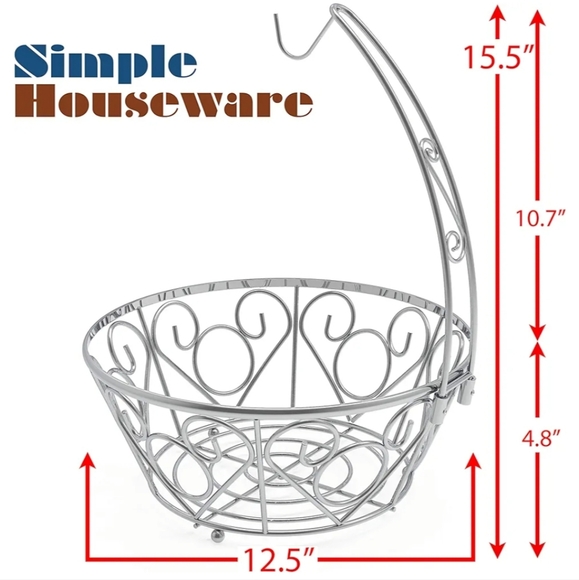 Simple Houseware | Chrome Fruit Basket Bowl with Banana Hook - Picture 2 of 3